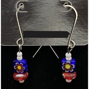 Handmade Blue & Red Millefiori Bead with White Bead Earrings by Neanie-Bot